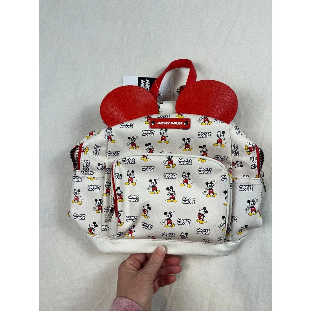Disney Mickey Mouse Mini Backpack Cream‎ Faux Leather 3D Ears Red Straps NWT